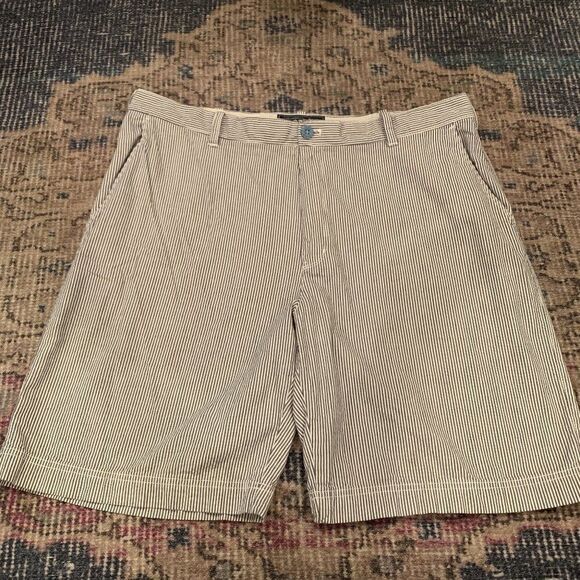 Izod Men's navy seersucker stripe cotton flat front pockets shorts 38 - Picture 1 of 6